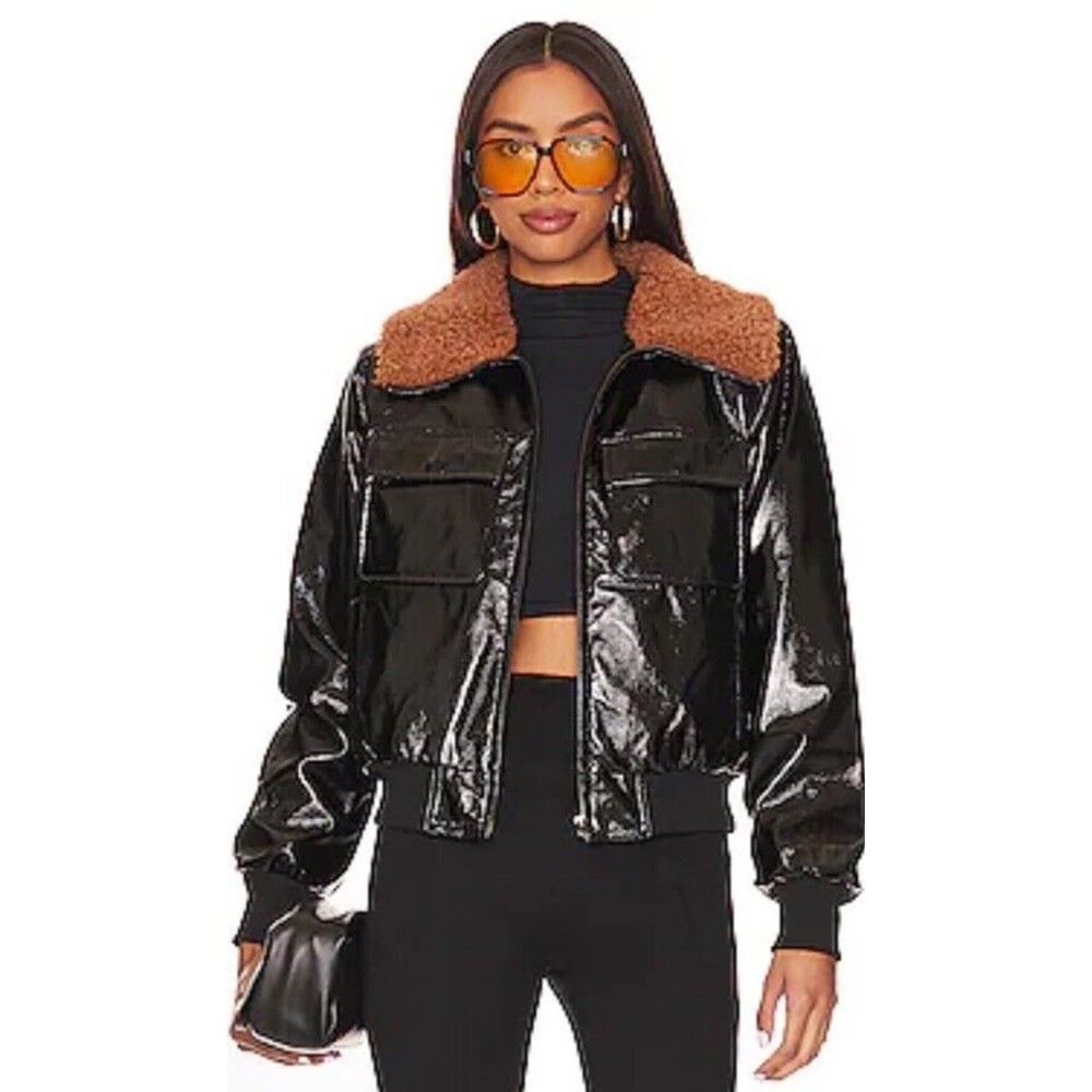 MOTHER The Pilot Jacket‎ Don’t Crash Shiny Black Patent Fur Bomber Coat Size XL